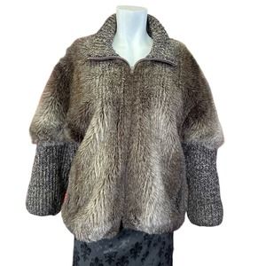 Vintage Intrigue 80s Plush Mixed Fabric Faux Fur Knit Sleeve Full Zip Coat Sz M